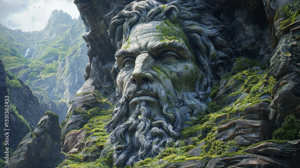 A weathered stone face emerges from a mossy cliffside. AI. A weathered stone face emerges from a mossy cliffside. AI.
