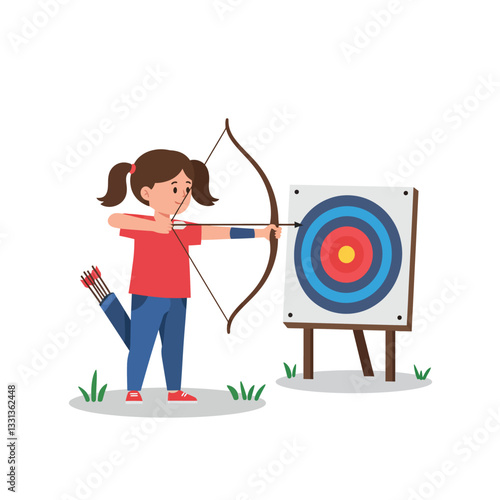 Young girl practicing archery with bow and arrow in flat vector art