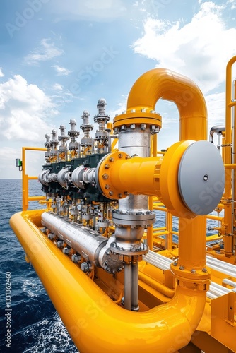 Industrial Offshore Equipment on Platform with Blue Sky and Sea