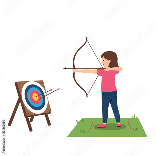 Young girl practicing archery with bow aiming at target in flat vector art
