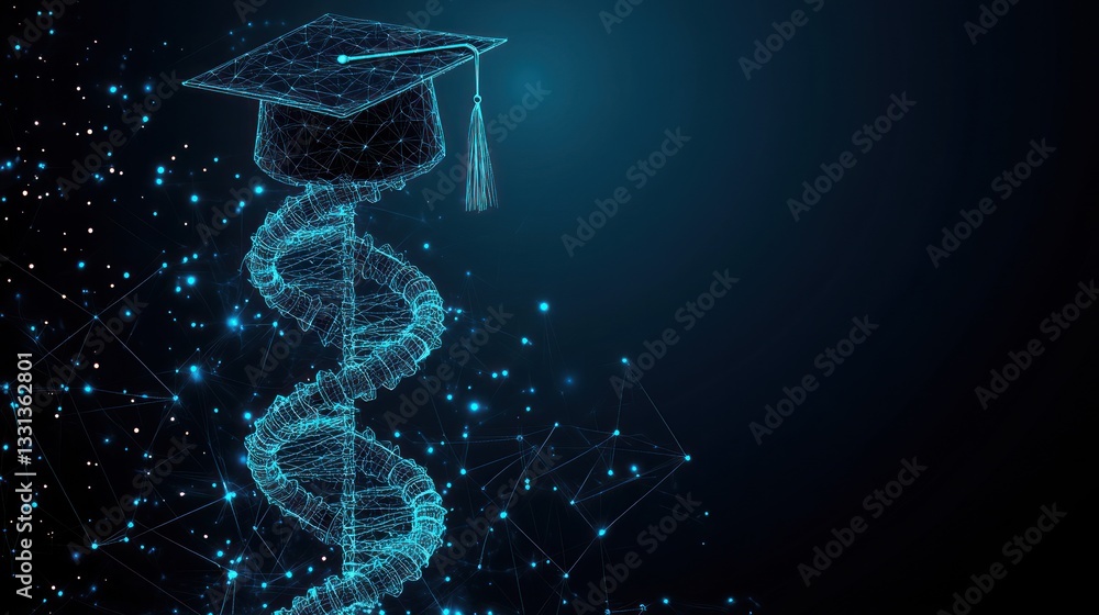 Obraz premium Digital Graduation Cap & DNA Helix, Abstract Medical Education