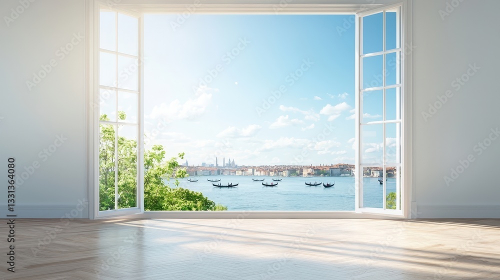 Fototapeta premium Scenic View from Open Window Overlooking Calm Waterfront Landscape