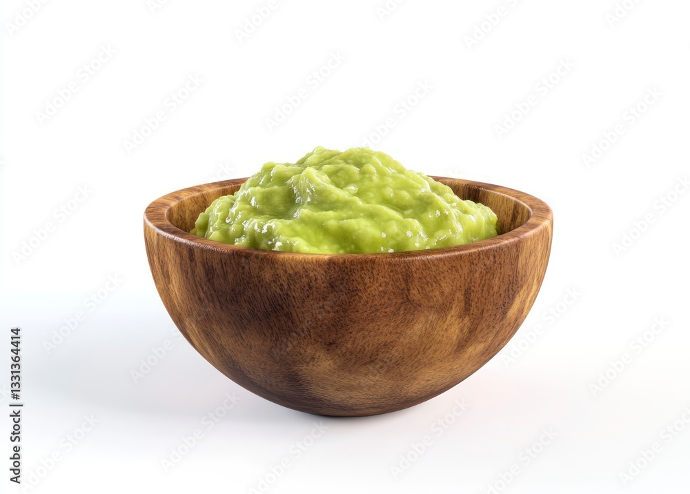 Serving of Fresh Guacamole in Wooden Bowl on White Background Serving of Fresh Guacamole in Wooden Bowl on White Background