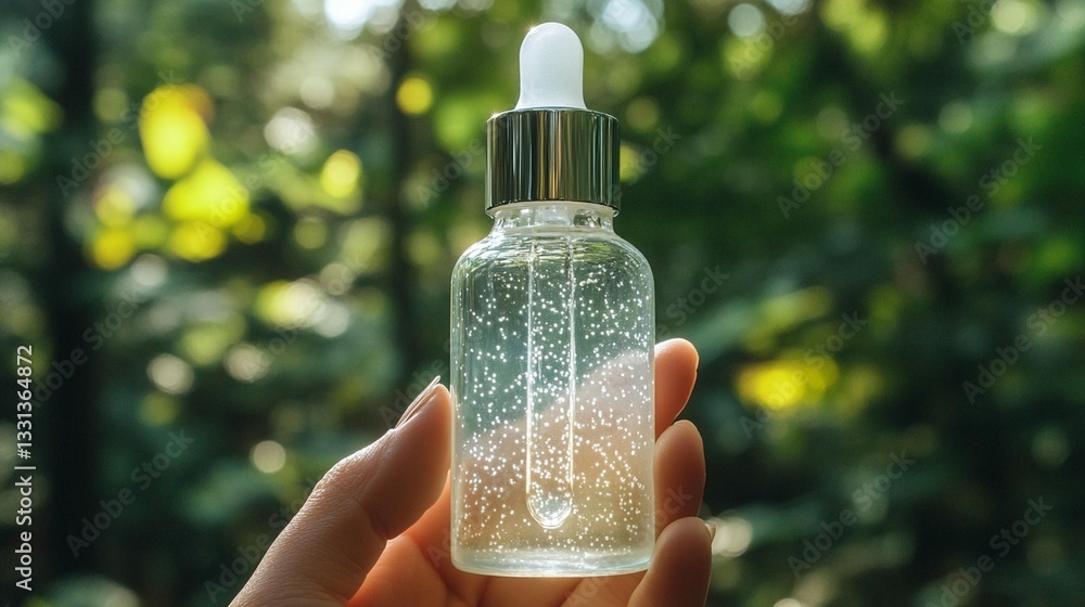 Hand holding a clear glass bottle with a dropper, filled with a transparent liquid, against a blurred green nature background. Hand holding a clear glass bottle with a dropper, filled with a transparent liquid, against a blurred green nature background.