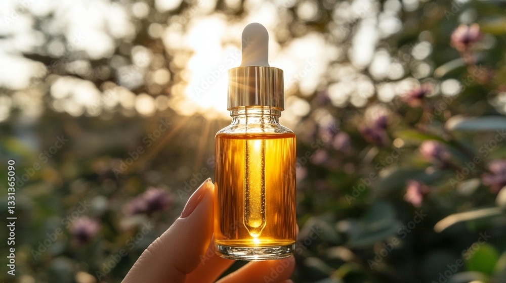 Hand holding amber glass dropper bottle of essential oil at sunset. Hand holding amber glass dropper bottle of essential oil at sunset.