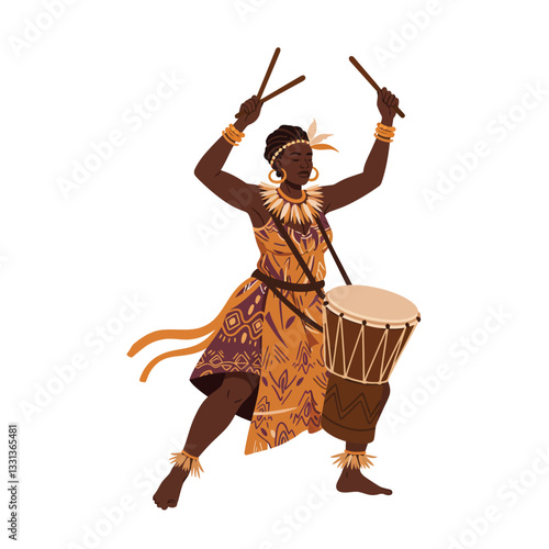Drummer performing vibrant rhythm in flat colorful style vector art