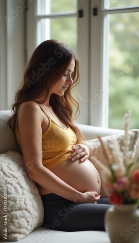 A beautiful pregnant woman sits gracefully on a cozy couch, gently cradling her baby bump while lost in thought. The soft natural light streaming through the window enhances the peaceful atmosphere Free Download A beautiful pregnant woman sits gracefully on a cozy couch, gently cradling her baby bump while lost in thought. The soft natural light streaming through the window enhances the peaceful atmosphere - GFXLoad