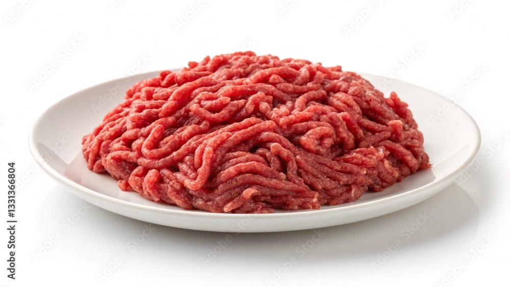 Sizzling Plate with Fresh Raw Ground Beef - Delicious Meat for Cooking Isolated on White Background Sizzling Plate with Fresh Raw Ground Beef - Delicious Meat for Cooking Isolated on White Background