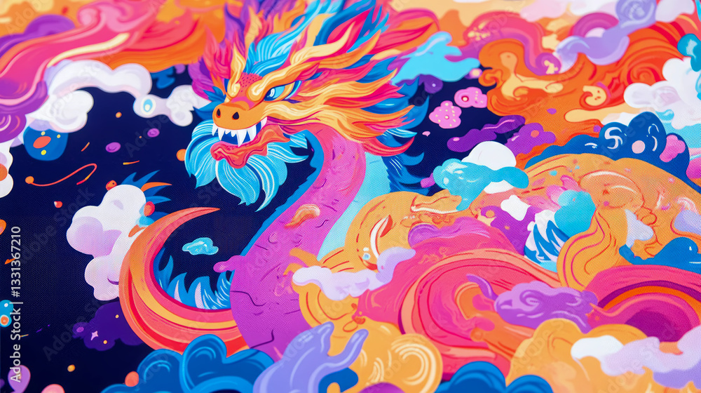 Lunar New Year concept: A vividly colored mythical dragon soaring through auspicious clouds Lunar New Year concept: A vividly colored mythical dragon soaring through auspicious clouds