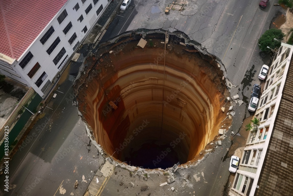 Fototapeta premium Urban sinkhole collapse a massive cavity revealing underground layers structural damage dramatic shadows and vehicles parked nearby.