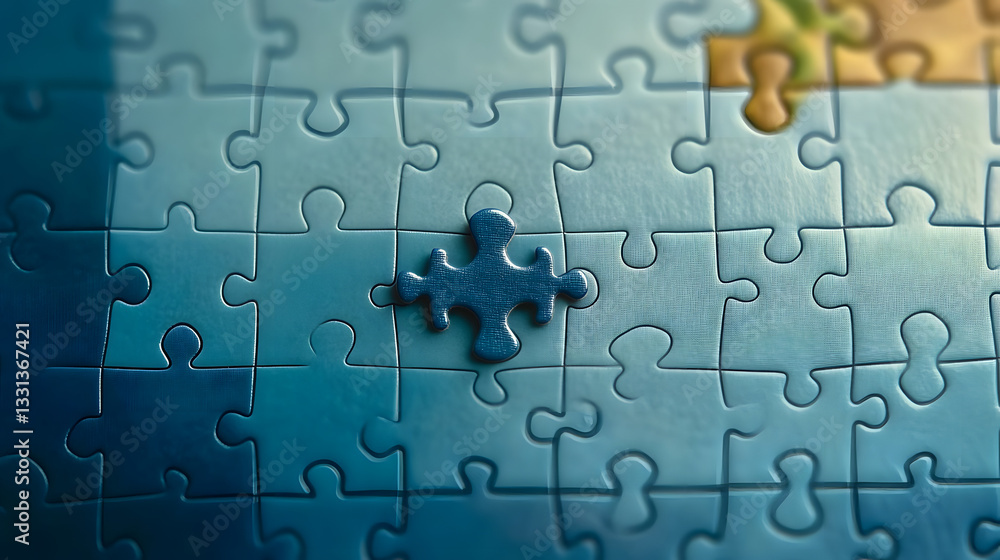Almost There: Blue Jigsaw Puzzle with One Missing Piece Highlighting Challenge and Solution Almost There: Blue Jigsaw Puzzle with One Missing Piece Highlighting Challenge and Solution