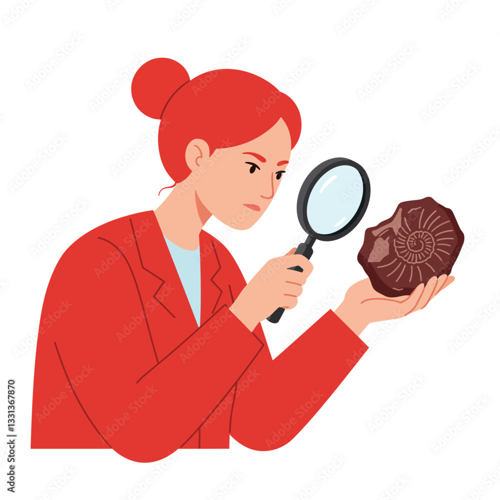 Woman examining fossil with magnifying glass in flat vector art style Woman examining fossil with magnifying glass in flat vector art style