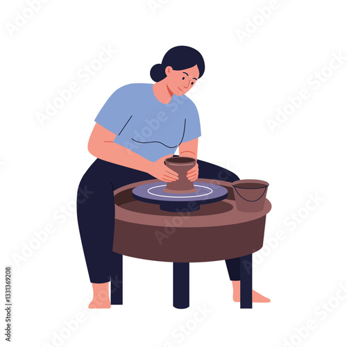 Potter shaping clay on a wheel in flat vector art style