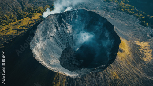 Majestic aerial view of smoky volcano crater surrounded by lush forests