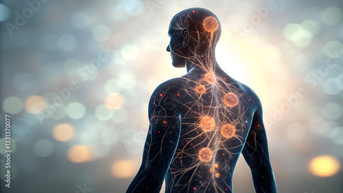 intermittent fasting diet autophagy Digital representation of a human figure with interconnected neural elements and glowing effects.