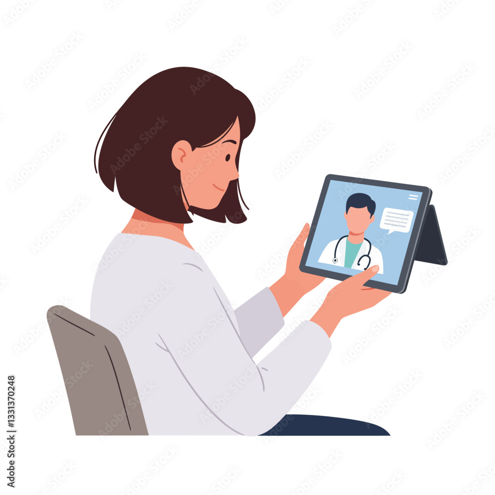 Woman engaging in telehealth consultation with doctor on tablet flat vector art Woman engaging in telehealth consultation with doctor on tablet flat vector art