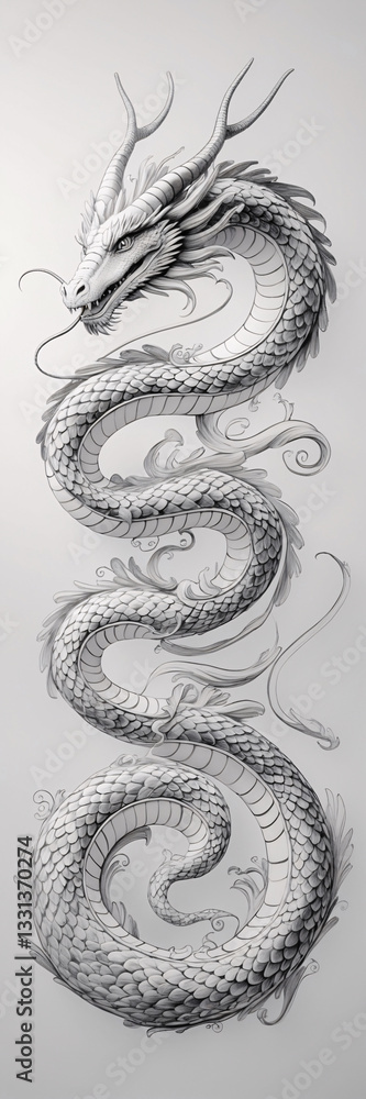 Obraz premium Traditional simple sketch of a white dragon with an elongated body capturing mythical beauty and elegance Mystical Animal Illustration Wallpaper