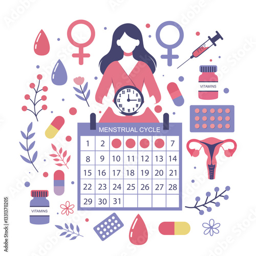 International Women's Health Day. Vector illustration set with woman, watch, pills, women's health concept, menstrual cycle, ovulation, hormones, gynecology