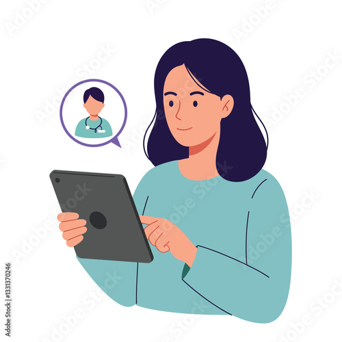 Woman interacting with tablet in flat design style vector illustration