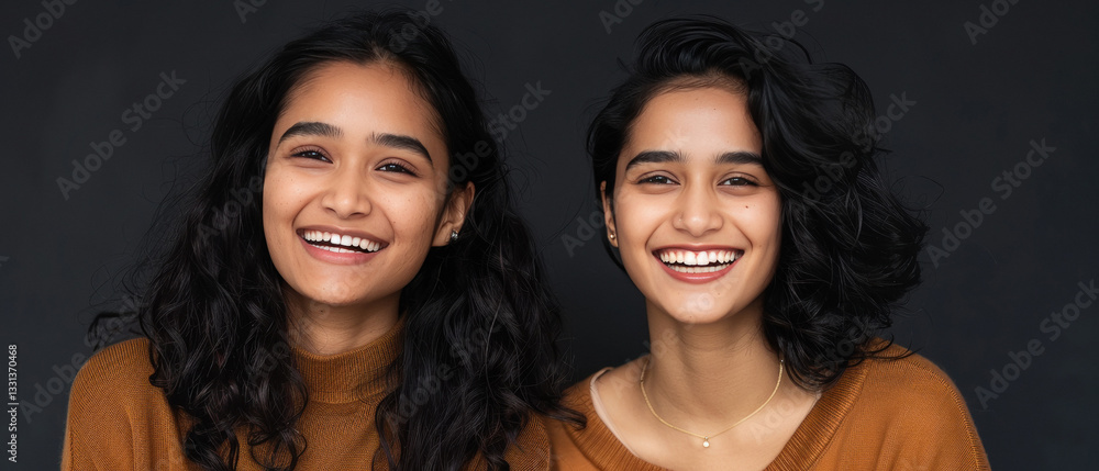 Two indian women wearing jwelery and smiling Two indian women wearing jwelery and smiling
