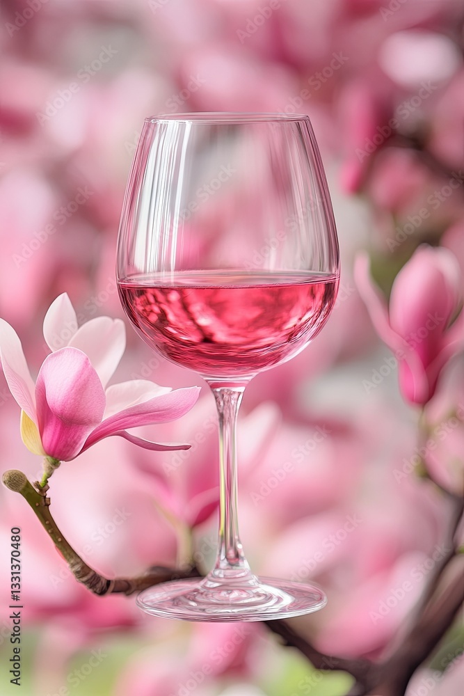 A glass of rose wine is set against a backdrop of magnolia blossoms A glass of rose wine is set against a backdrop of magnolia blossoms