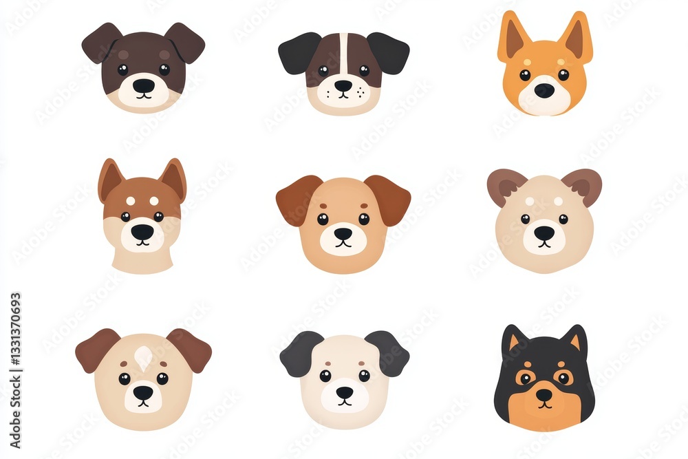 Set of dog faces with one of them being a black and white dog