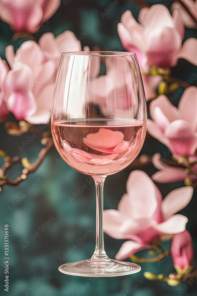 A glass of rosé wine is set against a backdrop of magnolia blossoms A glass of rosé wine is set against a backdrop of magnolia blossoms