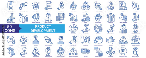 Product development icon collection set. Containing product, strategy, market, business, planning, profit, progress, goal, brainstorming and customer icon. Simple blue vector.