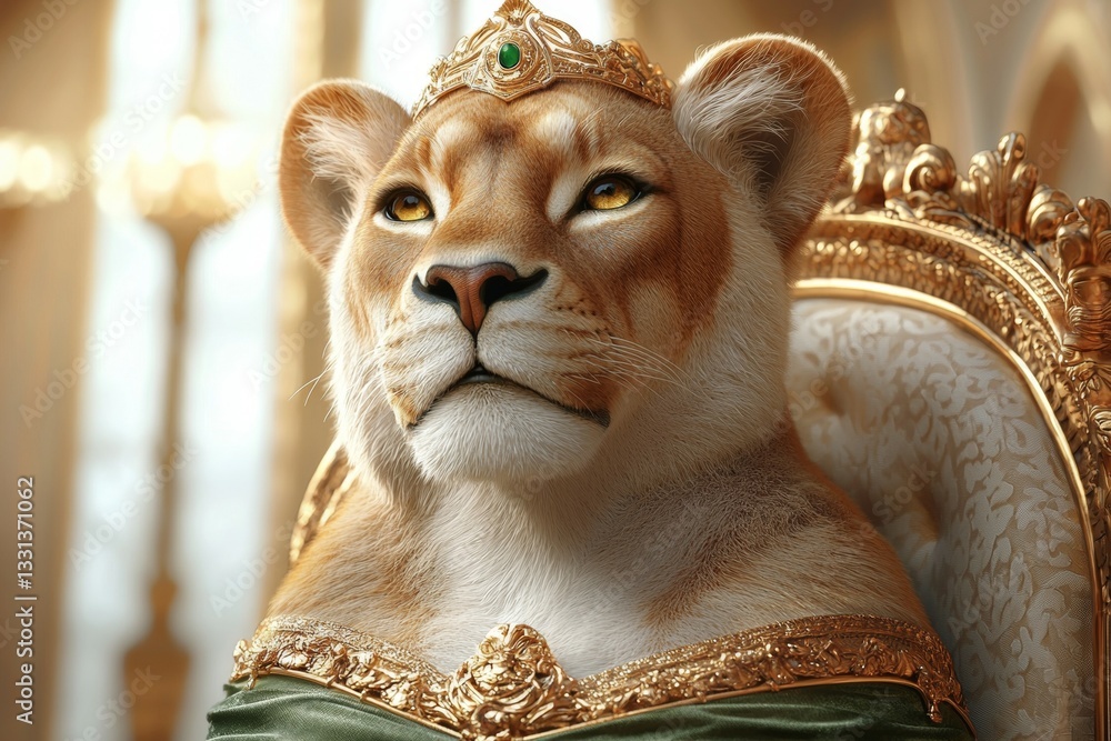 Obraz premium Lion is wearing a crown and sitting on a throne