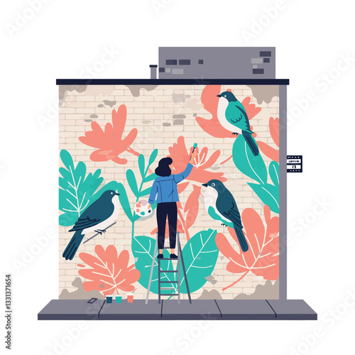 Artist painting vibrant mural with birds and flowers in flat vector art