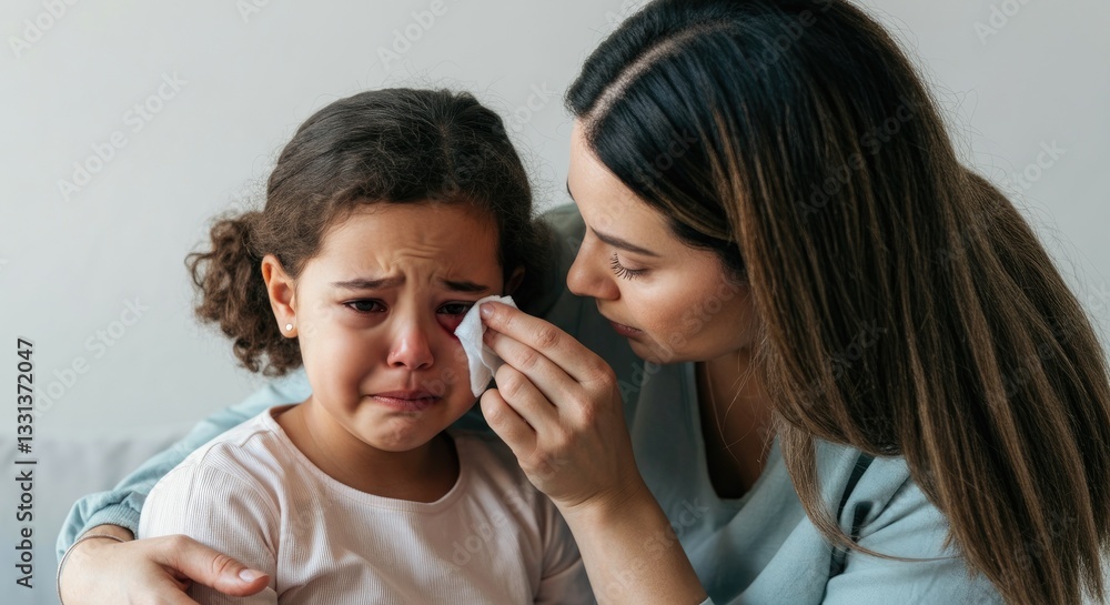 Woman comforting crying child, wiping tears, emotional support Woman comforting crying child, wiping tears, emotional support