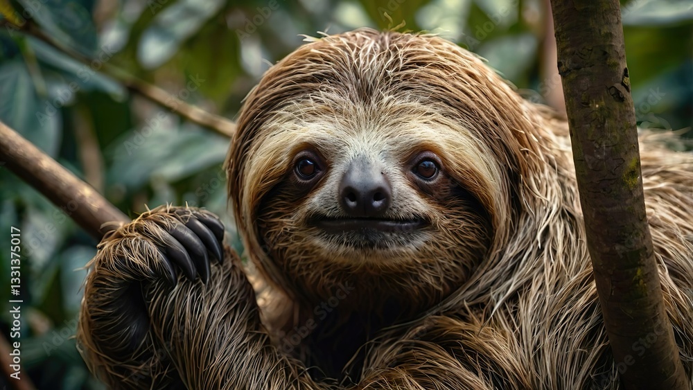 Fototapeta premium High-resolution wildlife shot of a pygmy sloth resting in the jungle. Realistic 8K photography with visible textures and true-to-life tones — peaceful and rare rainforest species.