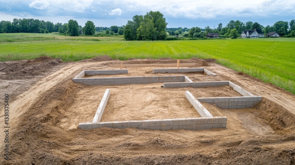 Obraz premium Building foundations with concrete blocks on a rural landscape under a partly cloudy sky