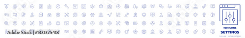 100 Settings Icons Collection. Thin line icon. Editable stroke. upload, setup, file, cpu, levels, light bulb, settings, setting, chip, gear, network, recommendation