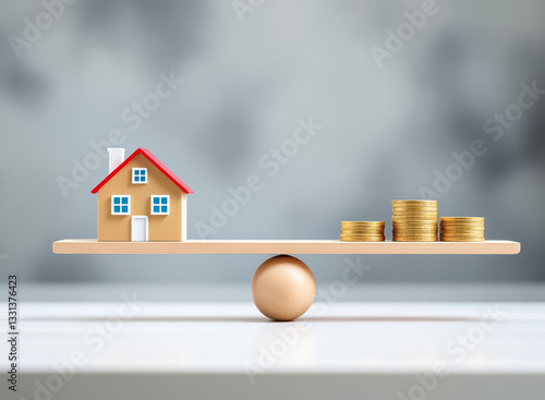 miniature house and gold coins balanced on seesaw symbolizing homeownership and financial planning