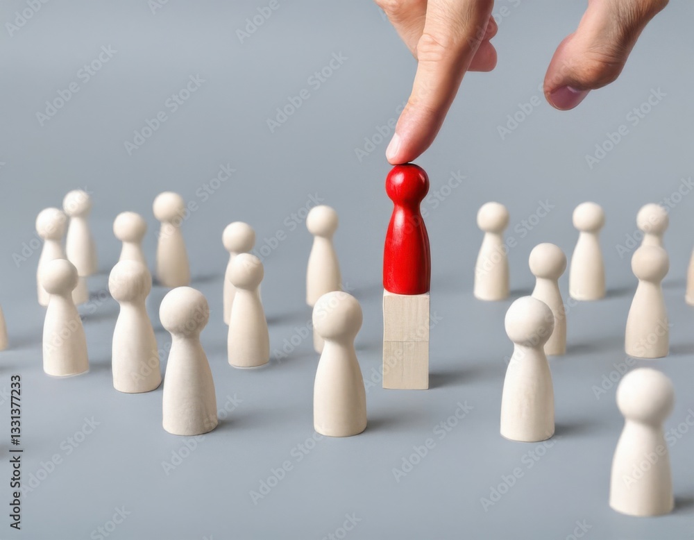 Obraz premium Businessman’s hand pointing at a red wooden figure among white ones on a grey background, symbolizing human resources and selection