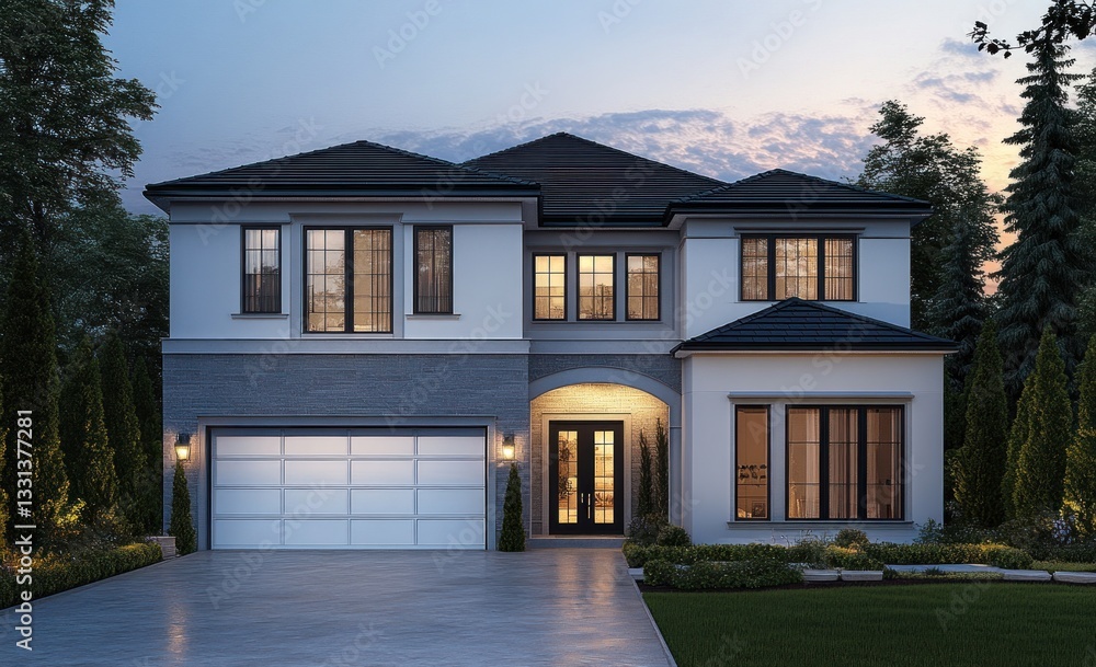 Modern two-story house with gray brick exterior, white garage door, and landscaping at dusk. Modern two-story house with gray brick exterior, white garage door, and landscaping at dusk.