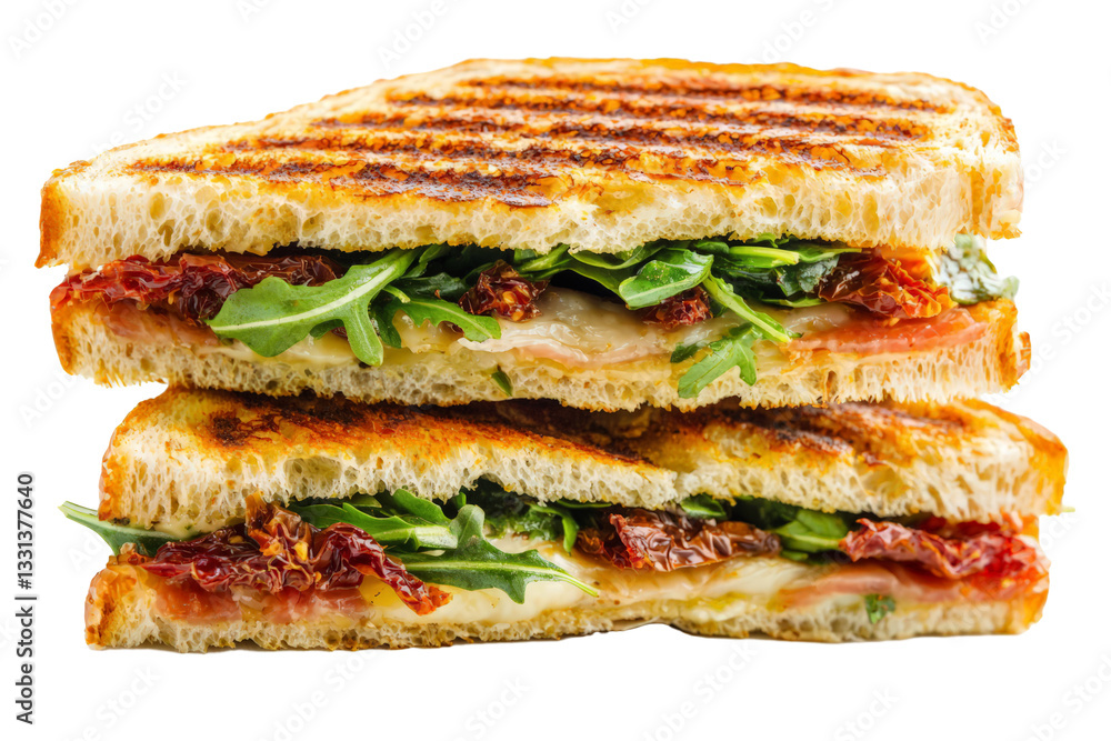 Authentic Italian panini with prosciutto, arugula, and sun-dried tomatoes, on a white background Authentic Italian panini with prosciutto, arugula, and sun-dried tomatoes, on a white background