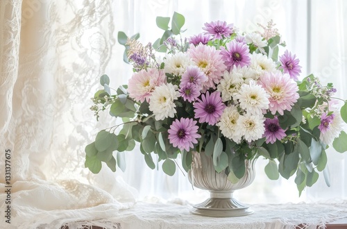 Elegant floral arrangement of pink and white flowers in a vintage vase near a bright window with sheer curtains, creating a serene and tranquil atmosphere
