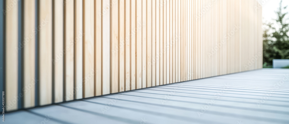 Modern wooden wall with shadows on a deck during daytime in a serene setting Modern wooden wall with shadows on a deck during daytime in a serene setting