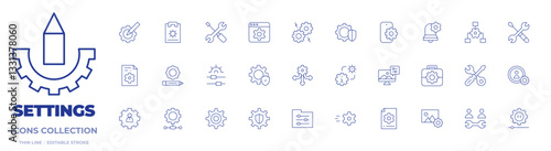 Settings icons collection. Thin Line icons, editable stroke. development, error, support, file, folder, network, functional, directions, tool, settings, setting