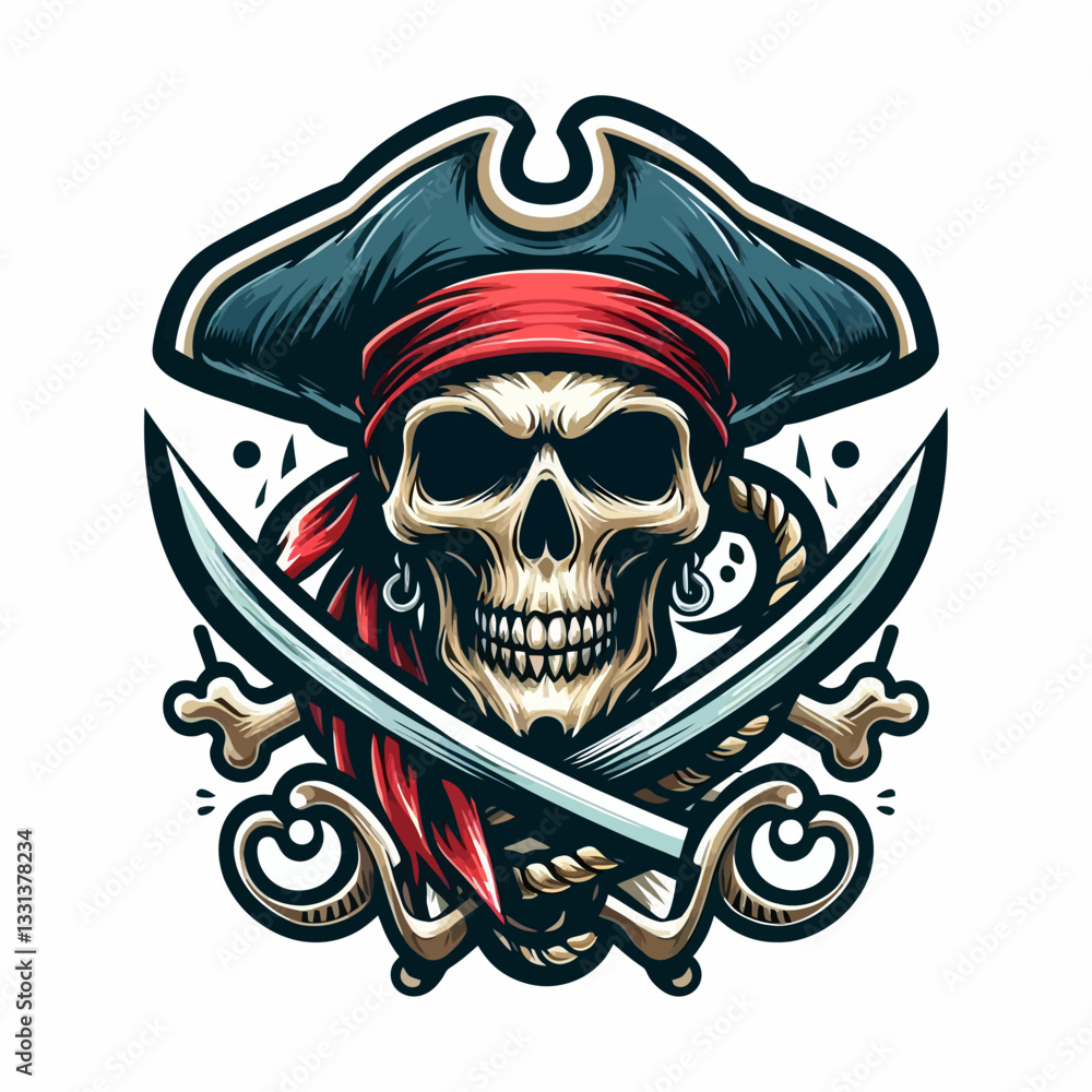Fototapeta premium Vector pirate skull emblem in a black mascot design style on a transparent, isolated clipart background in vector format, perfect for branding, adventure, and pirate-themed projects.