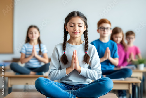 young girl meditates in a classroom practicing mindfulness with other students