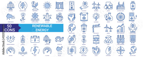 Renewable energy icon collection set. Containing sunlight, wind, water, biofuel, oil, biogass, biodiesel, hydropower, climate and solar panel icon. Simple blue vector.
