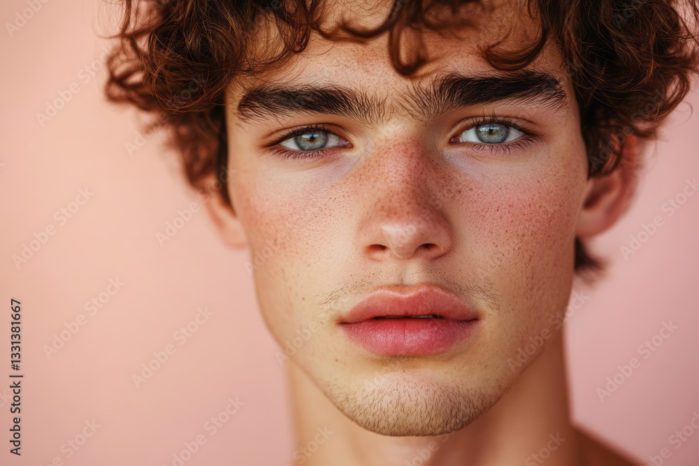 Fototapeta premium Portrait of a beautiful young man with curly brown hair