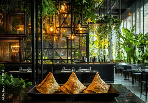 Elegant restaurant interior featuring delicious golden pastries on a black plate, surrounded by lush greenery and warm lighting, creating an inviting atmosphere.