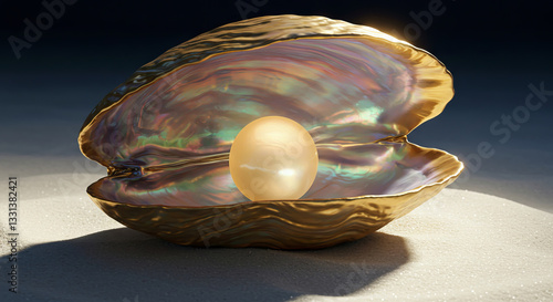 An open seashell displays a lustrous pearl on a sandy surface