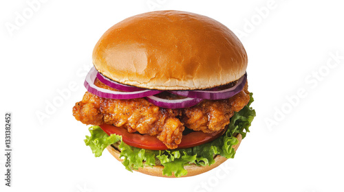 Exquisite Chicken Burger: A Culinary Masterpiece with Fresh Lettuce, Tomato, Onion, and Crispy Chicken on a Golden Bun. A Delightful Fast Food Indulgence.