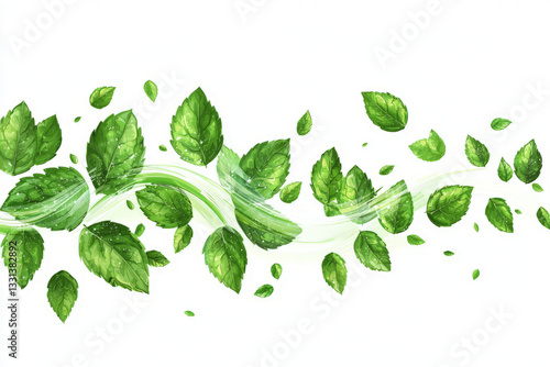Abstract composition of mint leaves swirling in a circular motion, vibrant green, isolated on white