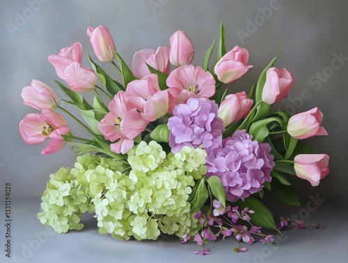 Exquisite Arrangement of Pink Tulips, Lavender Hydrangeas, and Light Green Flowers on a Soft Gray Background in a Bright Floral Display
